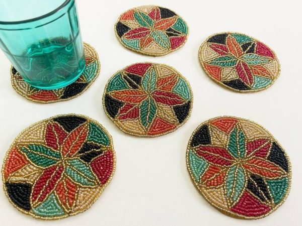 Drinkware | Colorful Floral Round Beaded Coaster Set Of 6 Drinkware Drinkware