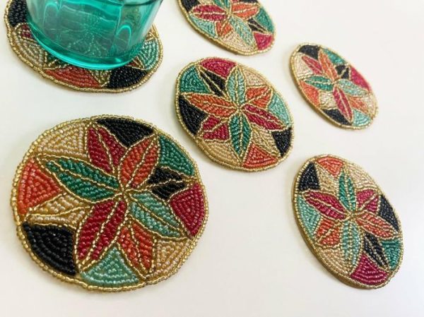 Drinkware | Colorful Floral Round Beaded Coaster Set Of 6 Drinkware Drinkware