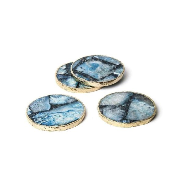 Drinkware | Gold Trim Round Blue Agate Crystal Geode Gemstone Coasters – Set Of 4 Drinkware Drinkware