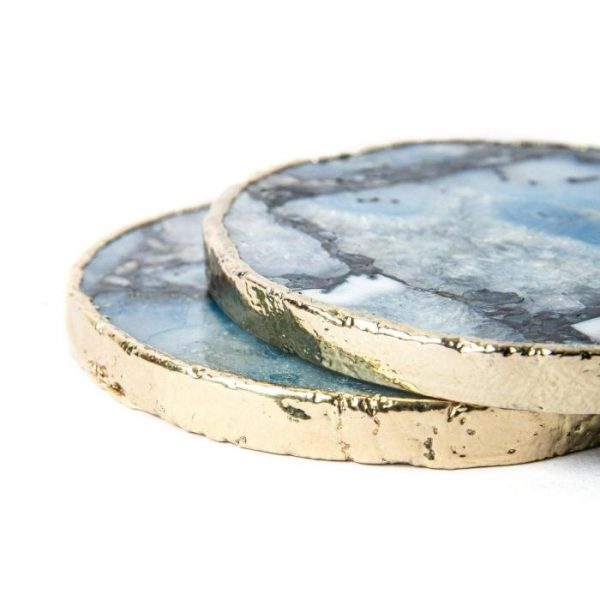 Drinkware | Gold Trim Round Blue Agate Crystal Geode Gemstone Coasters – Set Of 4 Drinkware Drinkware