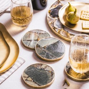 Drinkware | Gold Trim Round Green Aventurine Agate Crystal Geode Gemstone Coasters – Set Of 4 Drinkware Drinkware