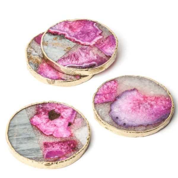 Drinkware | Gold Trim Round Pink Agate Crystal Geode Gemstone Coasters – Set Of 4 Drinkware Drinkware