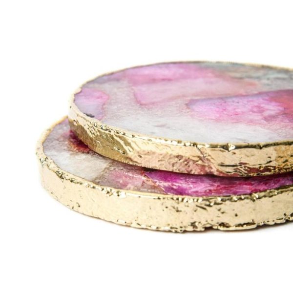 Drinkware | Gold Trim Round Pink Agate Crystal Geode Gemstone Coasters – Set Of 4 Drinkware Drinkware