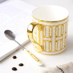 Drinkware | Golden Mozaic Pattern Porcelain Coffee Mug With Spoon Drinkware Drinkware