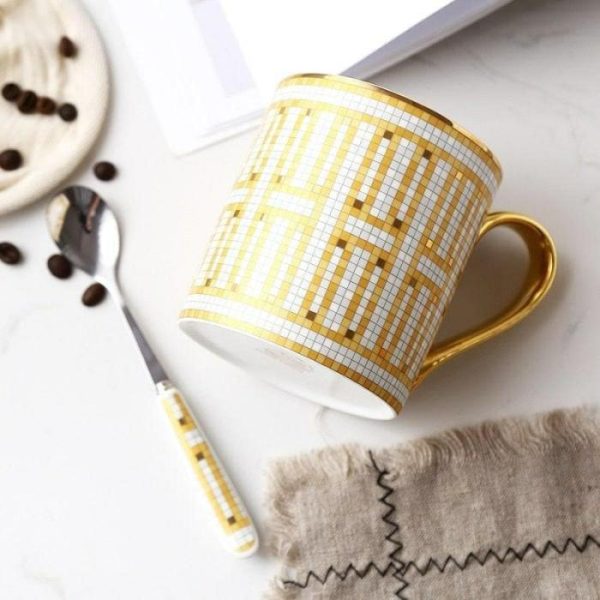 Drinkware | Golden Mozaic Pattern Porcelain Coffee Mug With Spoon Drinkware Drinkware