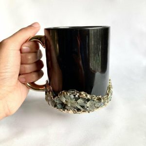 Drinkware | Green Agate Accented Black Mug With Gold Handle – Set Of 2 Drinkware Drinkware