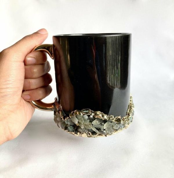 Drinkware | Green Agate Accented Black Mug With Gold Handle – Set Of 2 Drinkware Drinkware