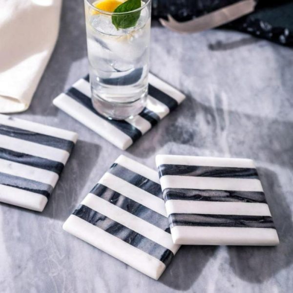 Drinkware | Handmade Black & White Striped Marble Coasters – Set Of 4 Drinkware Drinkware