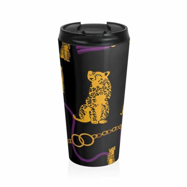 Drinkware | Leopard And Gold Chain Black Stainless Steel Travel Mug, 15oz Drinkware Drinkware