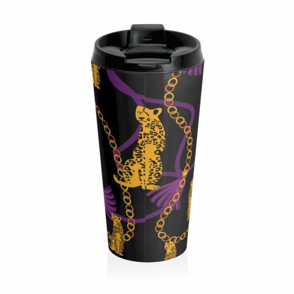 Drinkware | Leopard And Gold Chain Black Stainless Steel Travel Mug, 15oz Drinkware Drinkware