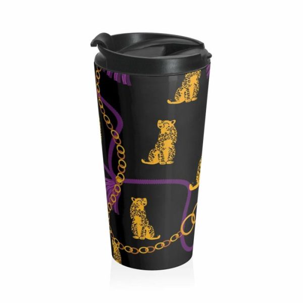 Drinkware | Leopard And Gold Chain Black Stainless Steel Travel Mug, 15oz Drinkware Drinkware