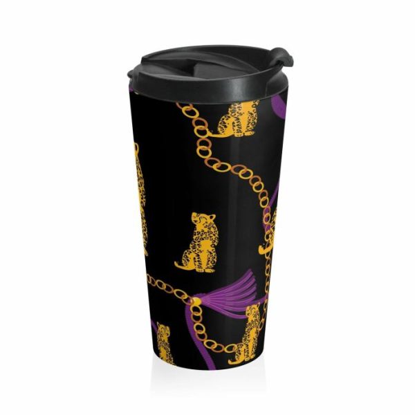 Drinkware | Leopard And Gold Chain Black Stainless Steel Travel Mug, 15oz Drinkware Drinkware