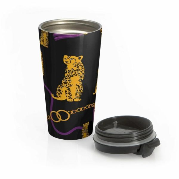 Drinkware | Leopard And Gold Chain Black Stainless Steel Travel Mug, 15oz Drinkware Drinkware