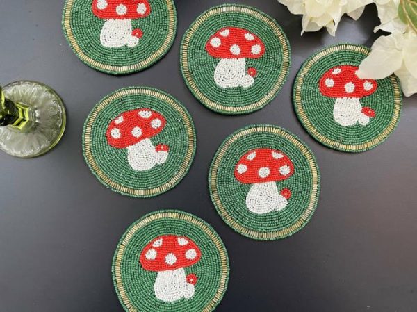 Drinkware | Mushroom Round Beaded Coaster Set Of 6 Drinkware Drinkware