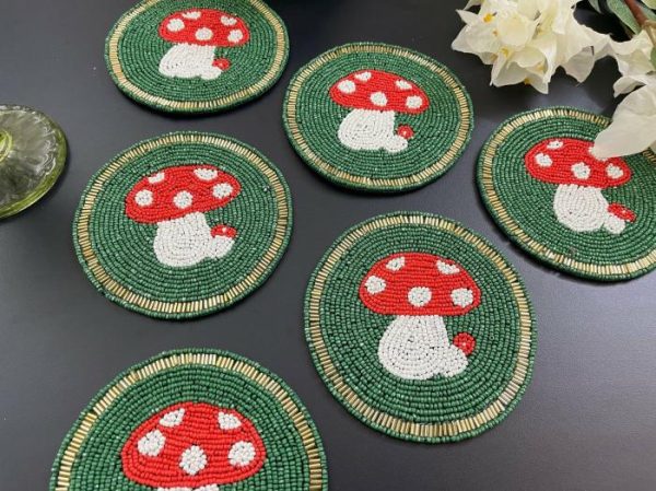 Drinkware | Mushroom Round Beaded Coaster Set Of 6 Drinkware Drinkware