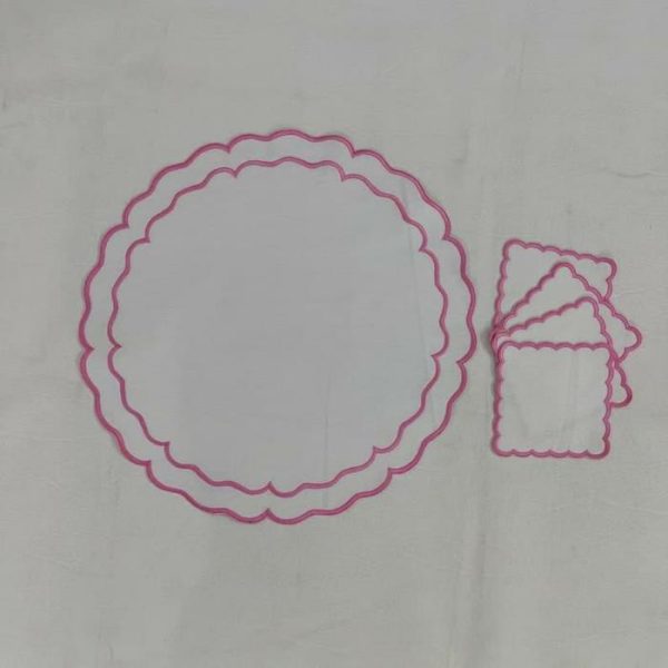 Drinkware | Pink Double Scalloped Round White Placemats, Placemats- Set of 2 Drinkware Drinkware