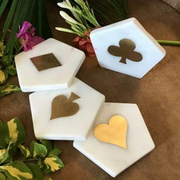 Drinkware | Poker Brass Inlay Pentagon Marble Coaster – Set Of 4 Drinkware Drinkware