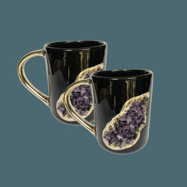 Drinkware | Purple Amethyst Black Mug With Gold Handle – Set Of 2 Drinkware Drinkware