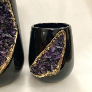 Drinkware | Purple Amethyst Crystal Black And Gold Ceramic Vase Planter, Small (Height 4") Drinkware Drinkware