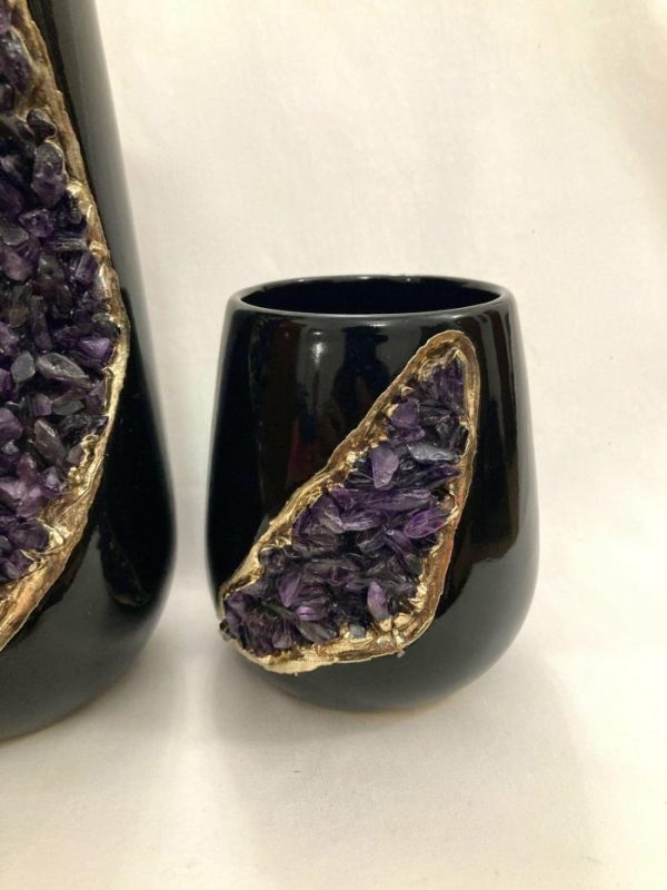 Drinkware | Purple Amethyst Crystal Black And Gold Ceramic Vase Planter, Small (Height 4") Drinkware Drinkware