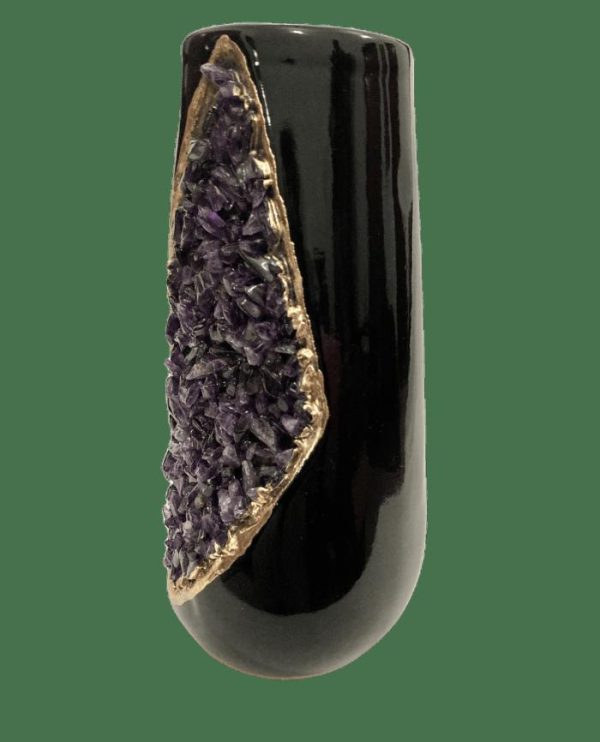 Drinkware | Purple Amethyst Crystal Black And Gold Ceramic Vase Planter, Small (Height 4") Drinkware Drinkware