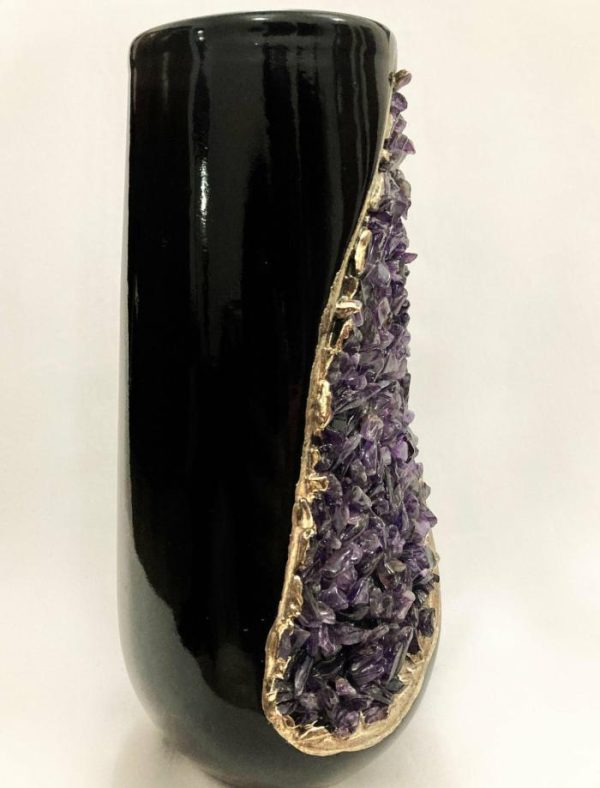 Drinkware | Purple Amethyst Crystal Black And Gold Ceramic Vase Planter, Small (Height 4") Drinkware Drinkware