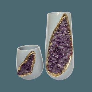 Drinkware | Purple Amethyst Crystal Grey And Gold Ceramic Vase, Small (Height 4") Drinkware Drinkware