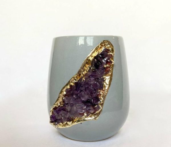 Drinkware | Purple Amethyst Crystal Grey And Gold Ceramic Vase, Small (Height 4") Drinkware Drinkware