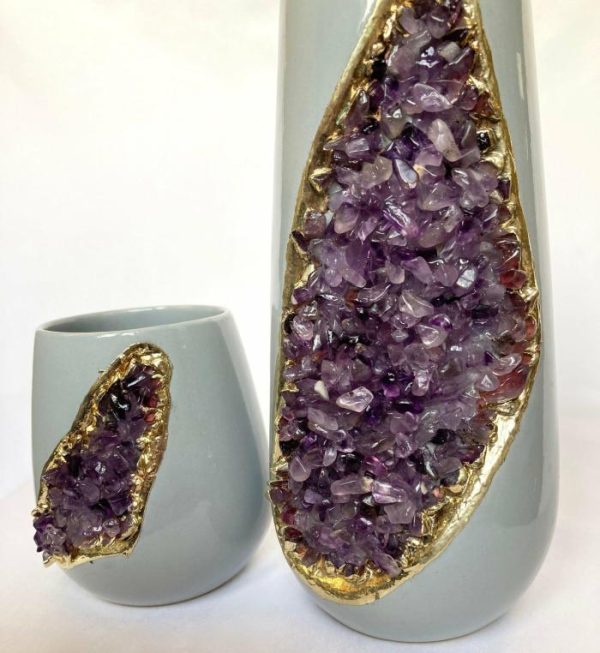 Drinkware | Purple Amethyst Crystal Grey And Gold Ceramic Vase, Small (Height 4") Drinkware Drinkware