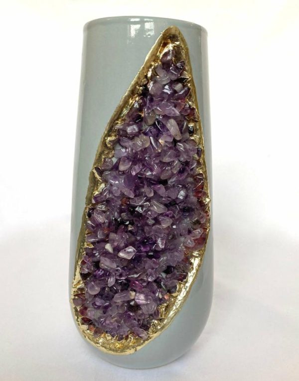 Drinkware | Purple Amethyst Crystal Grey And Gold Ceramic Vase, Small (Height 4") Drinkware Drinkware