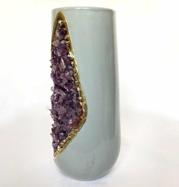 Drinkware | Purple Amethyst Crystal Grey And Gold Ceramic Vase, Small (Height 4") Drinkware Drinkware