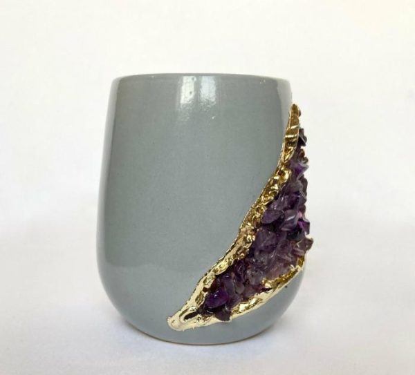 Drinkware | Purple Amethyst Crystal Grey And Gold Ceramic Vase, Small (Height 4") Drinkware Drinkware