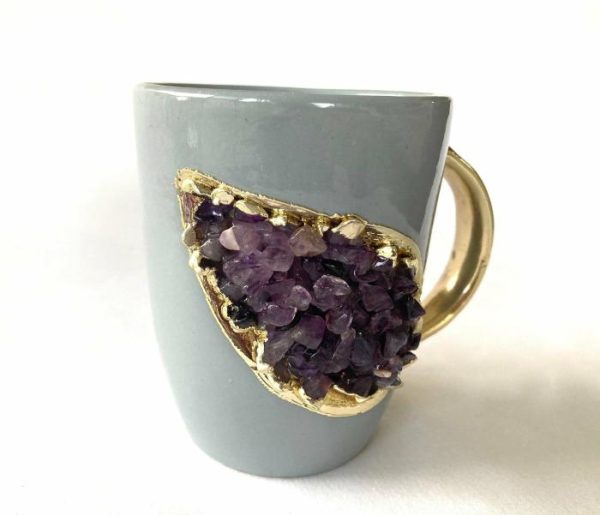 Drinkware | Purple Quartz Marbled Gray Ceramic Coffee Mug With Gold Handle – Set Of 2 Drinkware Drinkware