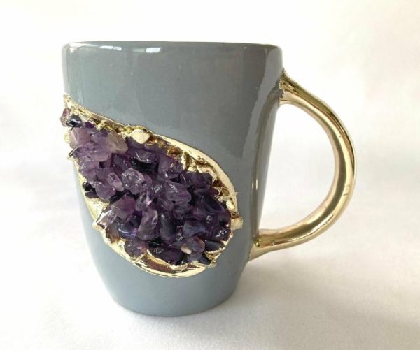 Drinkware | Purple Quartz Marbled Gray Ceramic Coffee Mug With Gold Handle – Set Of 2 Drinkware Drinkware