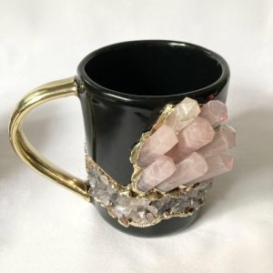 Drinkware | Rose Quartz Crystal Black Ceramic Mug With Gold Handle Drinkware Drinkware