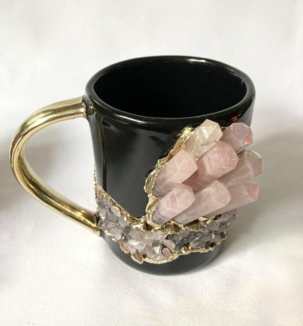 Drinkware | Rose Quartz Crystal Black Ceramic Mug With Gold Handle Drinkware Drinkware