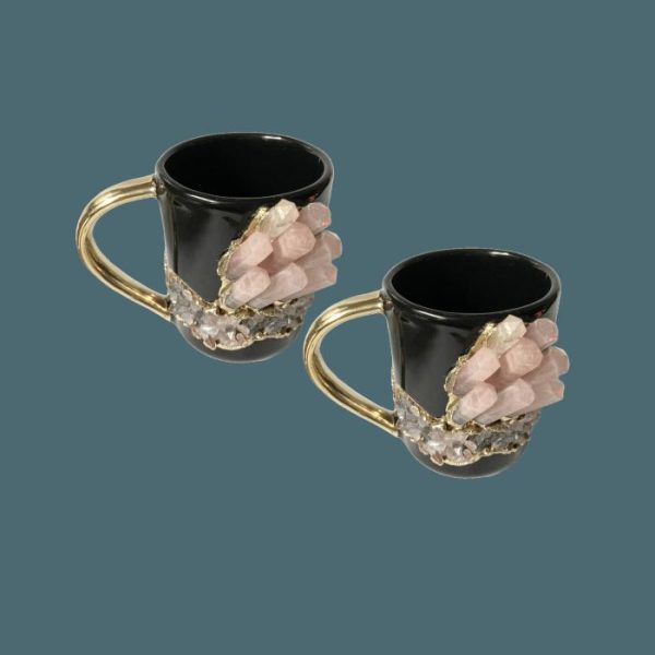 Drinkware | Rose Quartz Crystal Black Ceramic Mug With Gold Handle Drinkware Drinkware