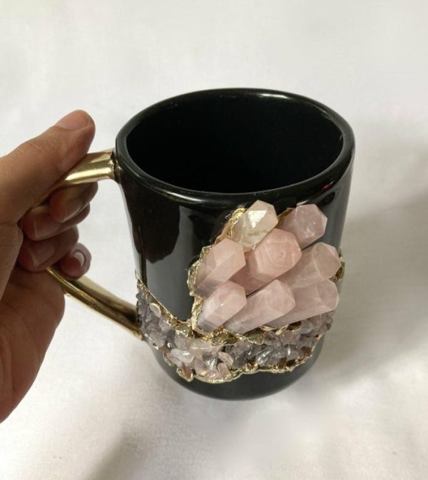 Drinkware | Rose Quartz Crystal Black Ceramic Mug With Gold Handle Drinkware Drinkware