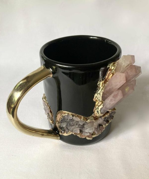 Drinkware | Rose Quartz Crystal Black Ceramic Mug With Gold Handle Drinkware Drinkware