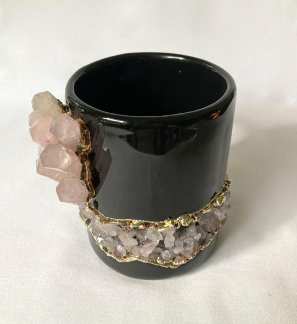 Drinkware | Rose Quartz Crystal Black Ceramic Mug With Gold Handle Drinkware Drinkware