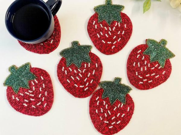 Drinkware | Strawberry Beaded Coasters – Set Of 6 Drinkware Drinkware