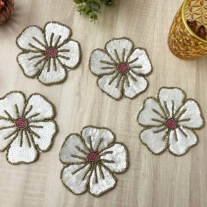 Drinkware | White Gold Floral Beaded Sequin Coasters Drinkware Drinkware