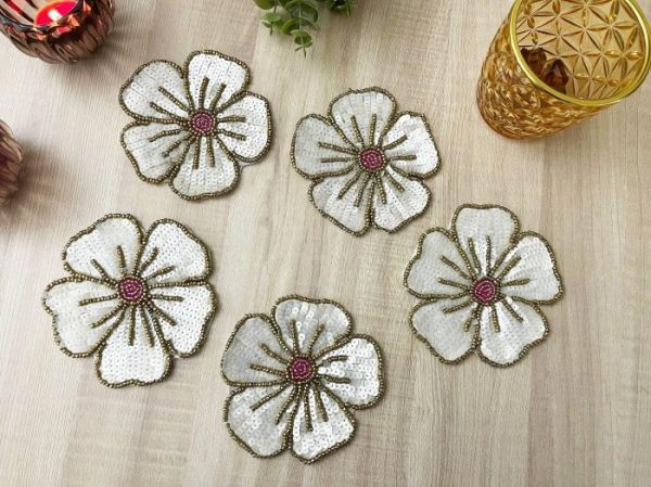 Drinkware | White Gold Floral Beaded Sequin Coasters Drinkware Drinkware