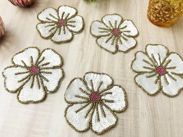 Drinkware | White Gold Floral Beaded Sequin Coasters Drinkware Drinkware