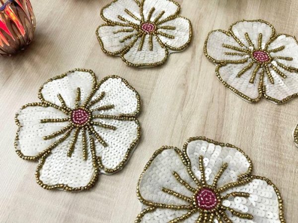 Drinkware | White Gold Floral Beaded Sequin Coasters Drinkware Drinkware