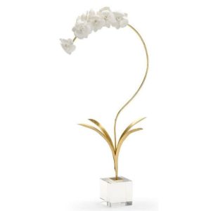 Flora & Plants | White Orchid On Stand Sculpture, 21" H x 12" W x 7.5" D Decor Flora & Plants