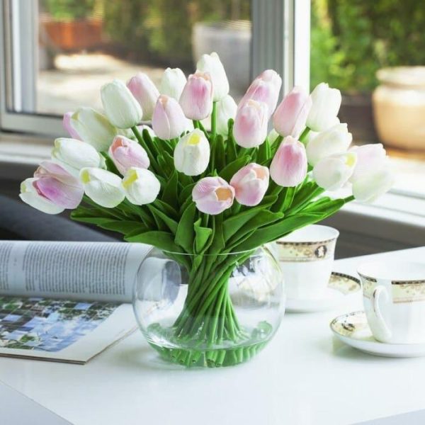 Flora & Plants | Artificial Tulip Floral Arrangement In Glass Vase Decor Flora & Plants