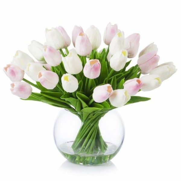 Flora & Plants | Artificial Tulip Floral Arrangement In Glass Vase Decor Flora & Plants