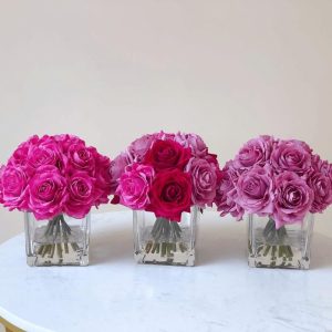 Flora & Plants | Faux Purple Silk Rose Centerpiece Arrangement In Fake Water Decor Flora & Plants