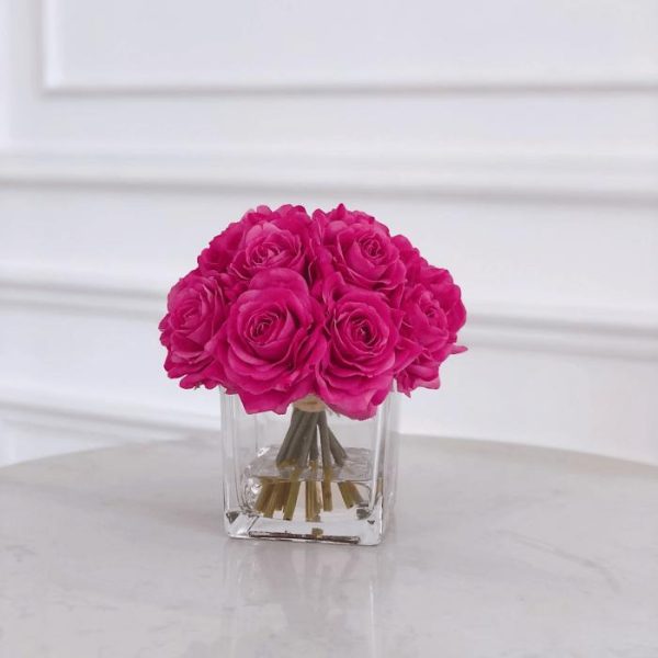 Flora & Plants | Faux Purple Silk Rose Centerpiece Arrangement In Fake Water Decor Flora & Plants